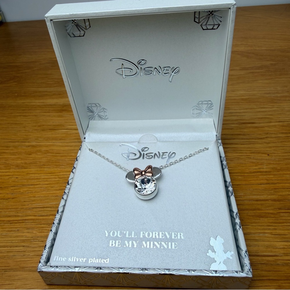 Disney Silver and Rose Gold Minnie Mouse Necklace w crystal.